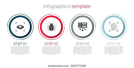 Escaneo de ojos, error del sistema, servidor, datos, alojamiento de Web y huellas dactilares. Plantilla de infografía de negocios. Vector