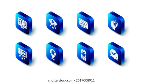 Set Eye scan, System bug in credit card, Head with shield, Check mark speech bubble, on mobile, Server, Data, Web Hosting and Create account screen icon. Vector