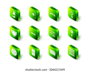 Escaneo de ojos ajustados, máscara ocular del ladrón, tecla antigua, Búsqueda de vidrio de aumento, ventana de la prisión, alambre de púas, tarjeta de crédito y móvil con icono de candado cerrado. Vector
