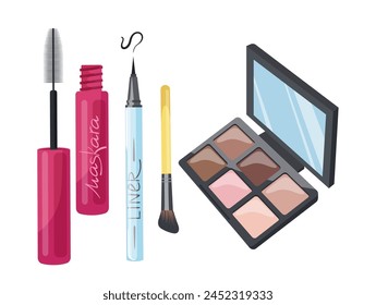 Set aus Lidschatten farbige Palette, schwarzer Eyeliner Bleistift und Mascara für Wimpern