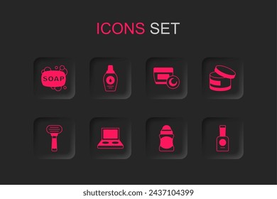 Set Eye shadow palette with brush, Bottle of shampoo, Bar soap, Deodorant roll, Cream lotion cosmetic tube, nail polish,  and Shaving razor icon. Vector
