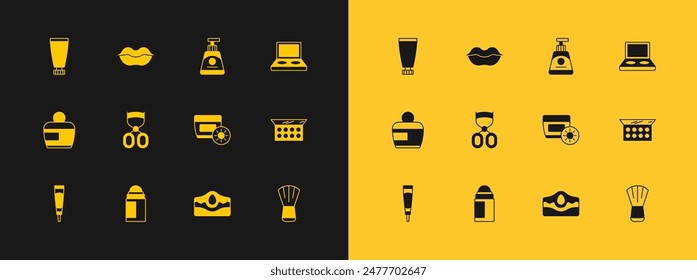 Set Lidschatten-Palette mit Pinsel, Deodorant Roll, Sonnencreme in Tube, Akne, Wimperncurler, Creme Lotion Kosmetik und Lächelnde Lippen Symbol. Vektorgrafik