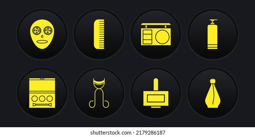 Set Eye shadow palette, Cream cosmetic tube, Eyelash curler, Nail polish bottle, Hairbrush, Perfume and Facial mask icon. Vector