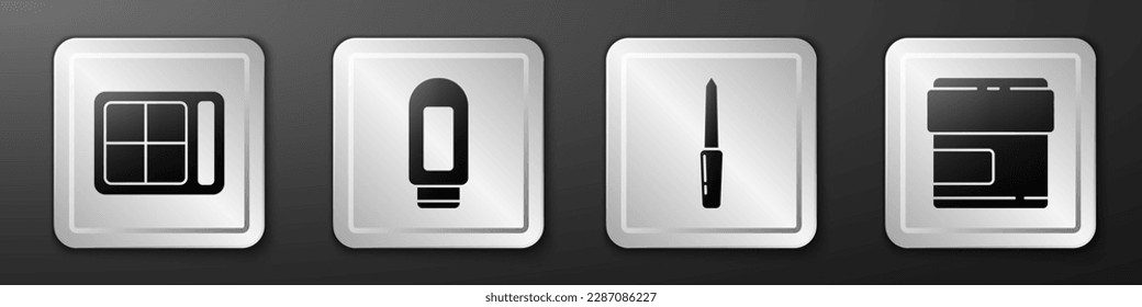 Set Eye shadow palette, Cream or lotion cosmetic tube, Nail file and Cream or lotion cosmetic tube icon. Silver square button. Vector