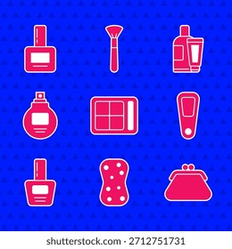 Paleta de sombra de ojos, esponja con burbujas, bolso de embrague, espejo de mano, botella de esmalte de uñas, perfume, tubo cosmético de loción crema e icono. Vector