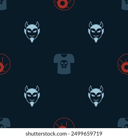 Set Eye, Shirt with skull and Devil head on seamless pattern. Vector