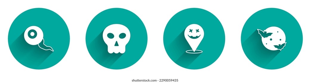 Set Eye, Skull, Happy Halloween holiday and Moon and stars icon with long shadow. Vector