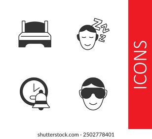 Set Eye sleep mask, Big bed, Alarm clock and Dreams icon. Vector