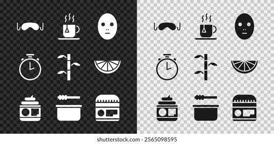 Set Eye sleep mask, Cup of tea with tea bag, Facial cosmetic, Cream or lotion tube, Sauna bucket and ladle, Stopwatch and Bamboo stems leaves icon. Vector