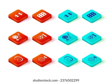 Set Eye sleep mask, Disco ball, Wheelchair, Medicine bottle and pills, Pills blister pack and Dumbbell icon. Vector