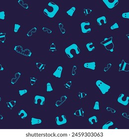 Set máscara de sueño de ojos, campana de timbre, almohada de cuello de viaje y fantasma en un patrón sin fisuras. Vector