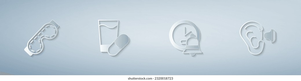 Set Eye sleep mask, Sleeping pill, Alarm clock and Earplugs and ear. Paper art style. Vector