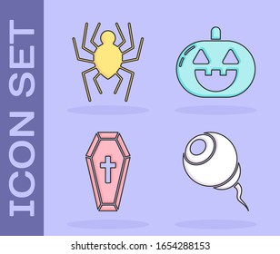 Set Eye , Spider , Coffin with christian cross  and Pumpkin  icon. Vector