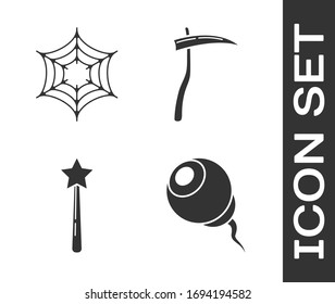 Set Eye , Spider web , Magic wand  and Scythe  icon. Vector