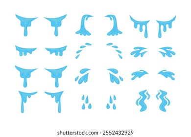 Conjunto de coleção de lágrimas de olho, ícone de conjunto de vetor de desenho animado rasgo. Isolado conjunto ícone gota de choro. Laceração da ilustração vetorial no fundo branco. Ícone de olho chorando. Ai e tristeza, tristeza, símbolo de luto.