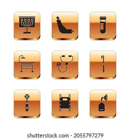 Set Eye Test Chart, Electric Toothbrush, Stretcher, Stethoscope, Operating Table, Test Tube With Blood, Medical Oxygen Mask And Inhaler Icon. Vector