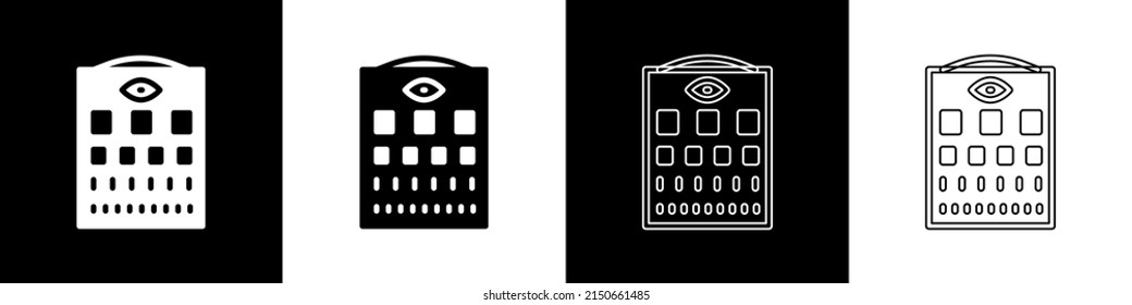Set Eye test chart icon isolated on black and white background. Poster for vision testing in ophthalmic study. Snellen chart.  Vector