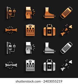 Tabla de pruebas oculares, Máscara protectora médica, Hueso roto, Kit de primeros auxilios, Dolor óseo, Pie plana, Bolsa IV e Icono de hinchazón abdominal. Vector