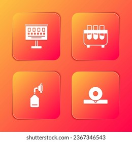 Set Eye test chart, Test tube and flask, Medical oxygen mask and Otolaryngological head reflector icon. Vector