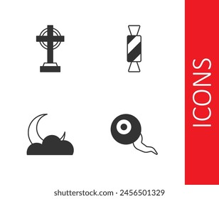 Set Eye, Tombstone with cross, Moon and stars and Candy icon. Vector