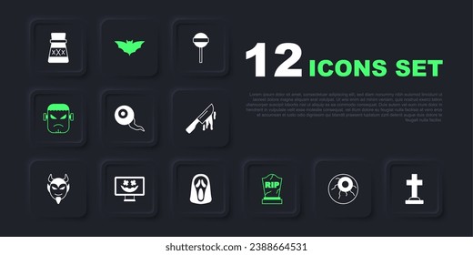 Set Eye, Tombstone mit Kreuz, RIP geschrieben, Frankenstein Gesicht, Fröhliche Halloween Feiertage, Fliegende Fledermaus und Funny-Geist-Maske-Icon. Vektorgrafik