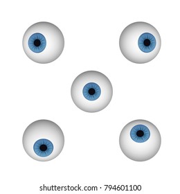 A set of eyeballs. Blue human eye vector illustration. Looking right, down, up, right and left.