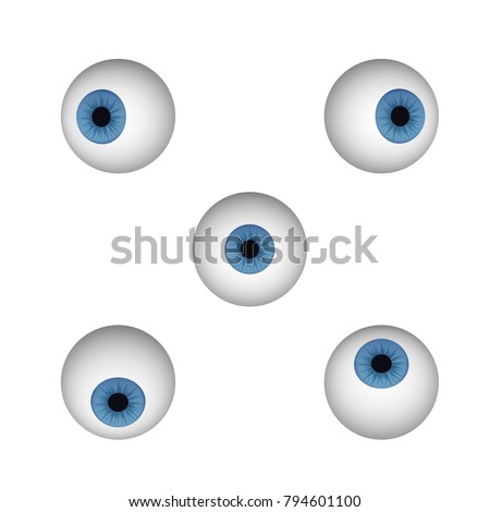 A set of eyeballs. Blue human eye vector illustration. Looking right, down, up, right and left.