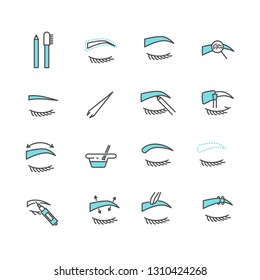 Set of eyebrow Related Vector Line Icons. Includes such Icons as contour, beauty salon, eyebrow shaping, permanent makeup