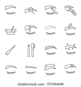 Set of eyebrow Related Vector Line Icons. Includes such Icons as contour, beauty salon, eyebrow shaping, permanent makeup