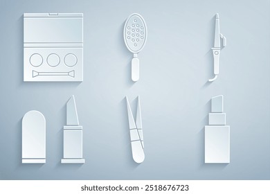 Conjunto de pinzas para cejas, rizador, lápiz labial, cepillo de pelo y icono de paleta de sombras. Vector