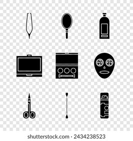 Set Eyebrow tweezers, Hand mirror, Bottle of shampoo, Scissors, Cotton swab for ears, Shaving gel foam, Makeup powder with and shadow palette icon. Vector