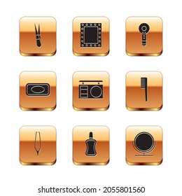 Set Eyebrow tweezers, Nail polish bottle, shadow palette, Bar of soap, Hair dryer, Round makeup mirror and Makeup with lights icon. Vector