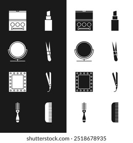 Definir pinça de sobrancelha, espelho de maquiagem redonda, paleta de sombra, Batom, Maquiagem com luzes, Curling de ferro, Escova de cabelo e ícone. Vetor