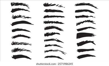 Set of eyebrows drawn in ink on white background, collection of different eyebrow shapes, eyebrow makeup template, eyebrow sketch, fashion woman brow different form, shape and type, beauty industry