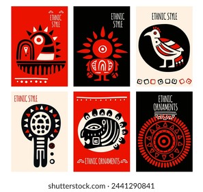 Set of eye-catched card, banner, background, flyer, placard with ethnic ornaments. Collection of cards, gift tags, labels or posters templates with mexican tribal motifs. Vector illustration EPS8