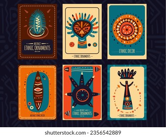 Set of eye-catching card, banner, background, flyer, placard with ethnic ornaments. Collection of cards, gift tags, labels or posters templates with african tribal motifs. Vector illustration EPS8