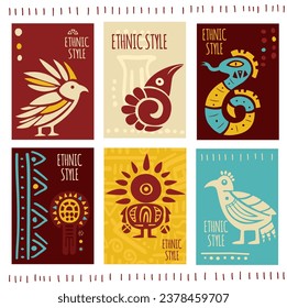 Set of eye-catching card, banner, background, flyer, placard with ethnic ornaments. Collection of cards, gift tags, labels or posters templates with african tribal motifs. Vector illustration EPS8