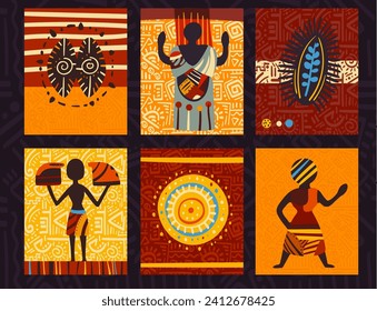 Un juego de tarjetas llamativas, pancarta, fondo, volante, pancarta con adornos étnicos. Colección de tarjetas, etiquetas de regalo, etiquetas o carteles con motivos tribales. Ilustración del vector EPS8