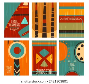 Set of eye-catching card, banner, background, flyer, placard with ethnic ornaments. Collection of cards, gift tags, labels or posters templates with african tribal motifs. Vector illustration EPS8