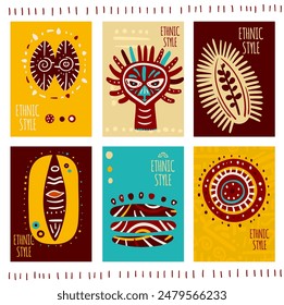 Set of eye-catching card, banner, background, flyer, placard with ethnic ornaments. Collection of cards, gift tags, labels or posters templates with african tribal motifs. Vector illustration EPS8