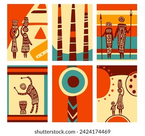 Set of eye-catching card, banner, flyer with ethnic ornaments and silhouette of musician, mother with child, hunters with spears. Card, gift tag, label template with african tribal motifs. Vector EPS8