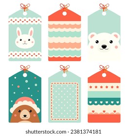 Set of eye-catching Christmas card, banner, background, flyer, placard in naive hand-drawn style. Collection of gift tag, label or poster template with cute animals. Vector illustration EPS8