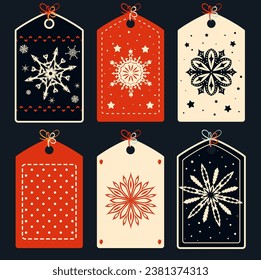Juego de llamativas tarjetas de Navidad, pancarta, fondo, volante, pancarta con copos de nieve. Colección de etiqueta regalo, etiqueta o plantilla de afiche con colores rojo, negro y marfil. Ilustración del vector EPS8