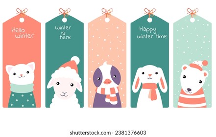 Set of eye-catching Christmas card, banner, background, flyer, placard in naive hand-drawn style. Collection of gift tag, label or poster template with cute animals. Vector illustration EPS8