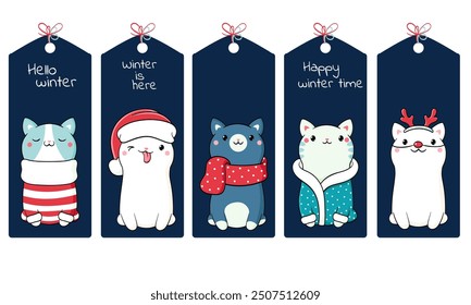 Set of eye-catching Christmas card, banner, background, flyer with cute cats in scarves and hats. Collection of winter holiday gift tag, label or poster template with kawaii kitten. Vector EPS8