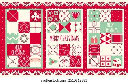 Conjunto de atraente cartão de Natal, banner, fundo, folheto em estilo patchwork retro. Coleção de etiqueta de presente de feriado de inverno, etiqueta ou modelo de cartaz em estilo vintage. Ilustração vetorial EPS8