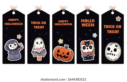 Set of eye-catching Halloween stickers in kawaii style. Cute Halloween collection of card, banner, background, flyer with monsters. Collection of holiday gift tag, label, poster template. Vector EPS8