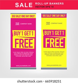 Set of eye-catching roll-up banners big sale special offer buy one get one free vector templates. Promotion banner for offers, discounts and sales pink and yellow colors.