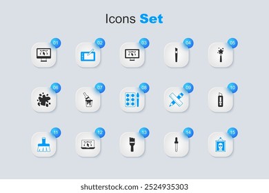Set Eyedropper color picker palette, Paint bucket with brush, Graphic tablet, Picture, Stationery knife, Computer design program and Watercolor paints box icon. Vector