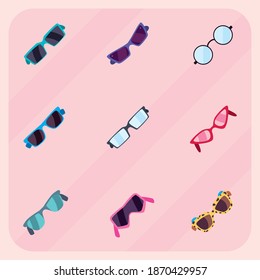 set eyeglasses of different styles, on pink background vector illustration design